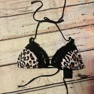 Guess Bikini Top Womens XS Brown Cream Black Animal Print Triangle Leopard Lace